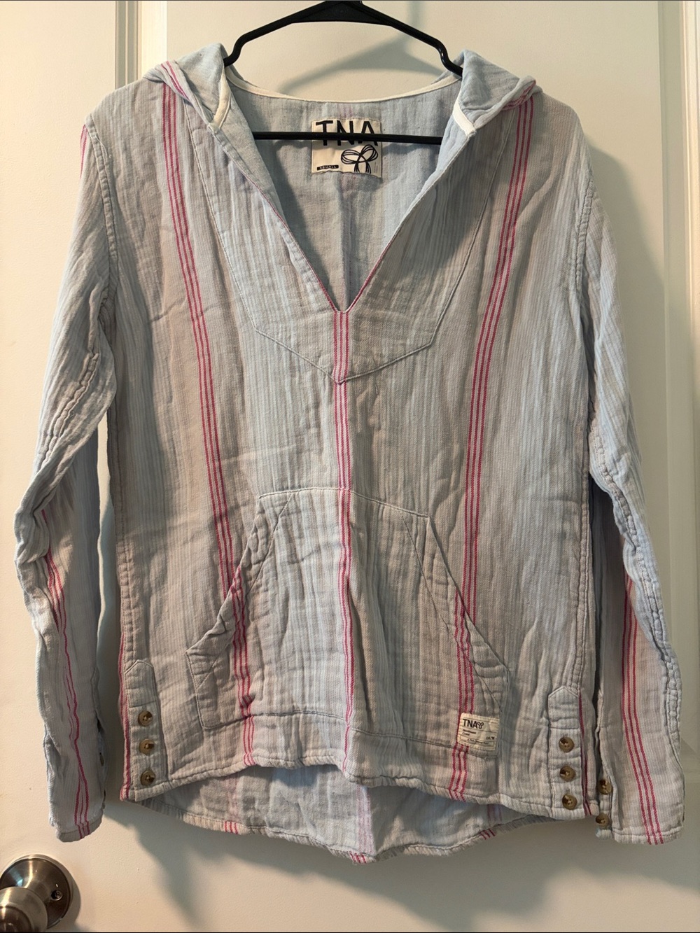 TNA Light Blue Hooded Pullover with Pink Stripes - Picture 2 of 6